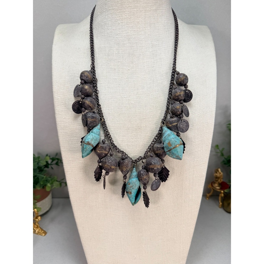 VTG Boho Fringe Necklace Brass Sculptural Teal Blue Patina Statement Chunky 70s